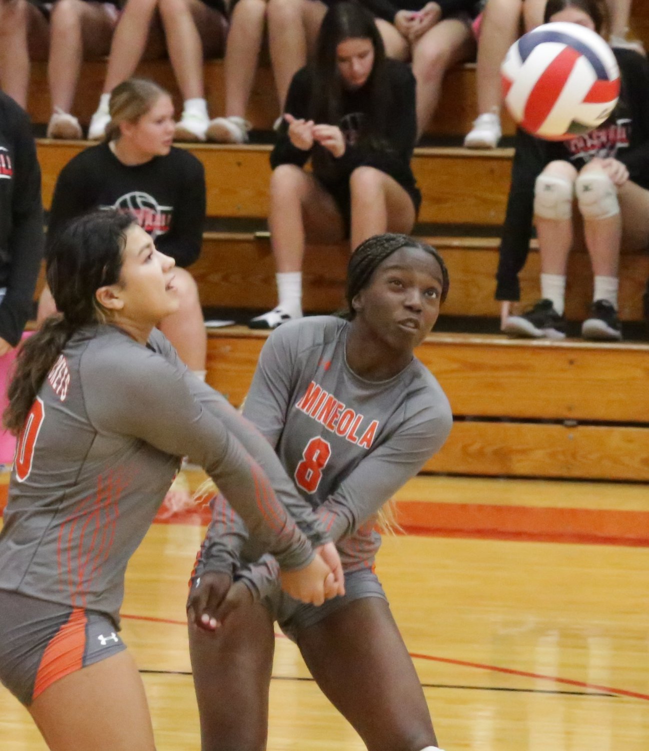 The Lady Jackets struggled against the Harmony Lady Eagles last Friday, who handed Mineola their first loss in district play. Mineola remains atop the district table. Here Kloey garcia and Shylah Kratzmeyer negotiate a return.